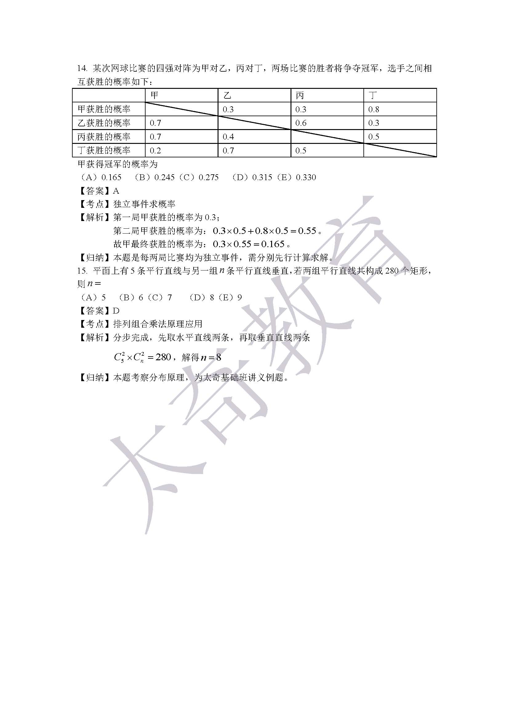 2015联考数学真题解析